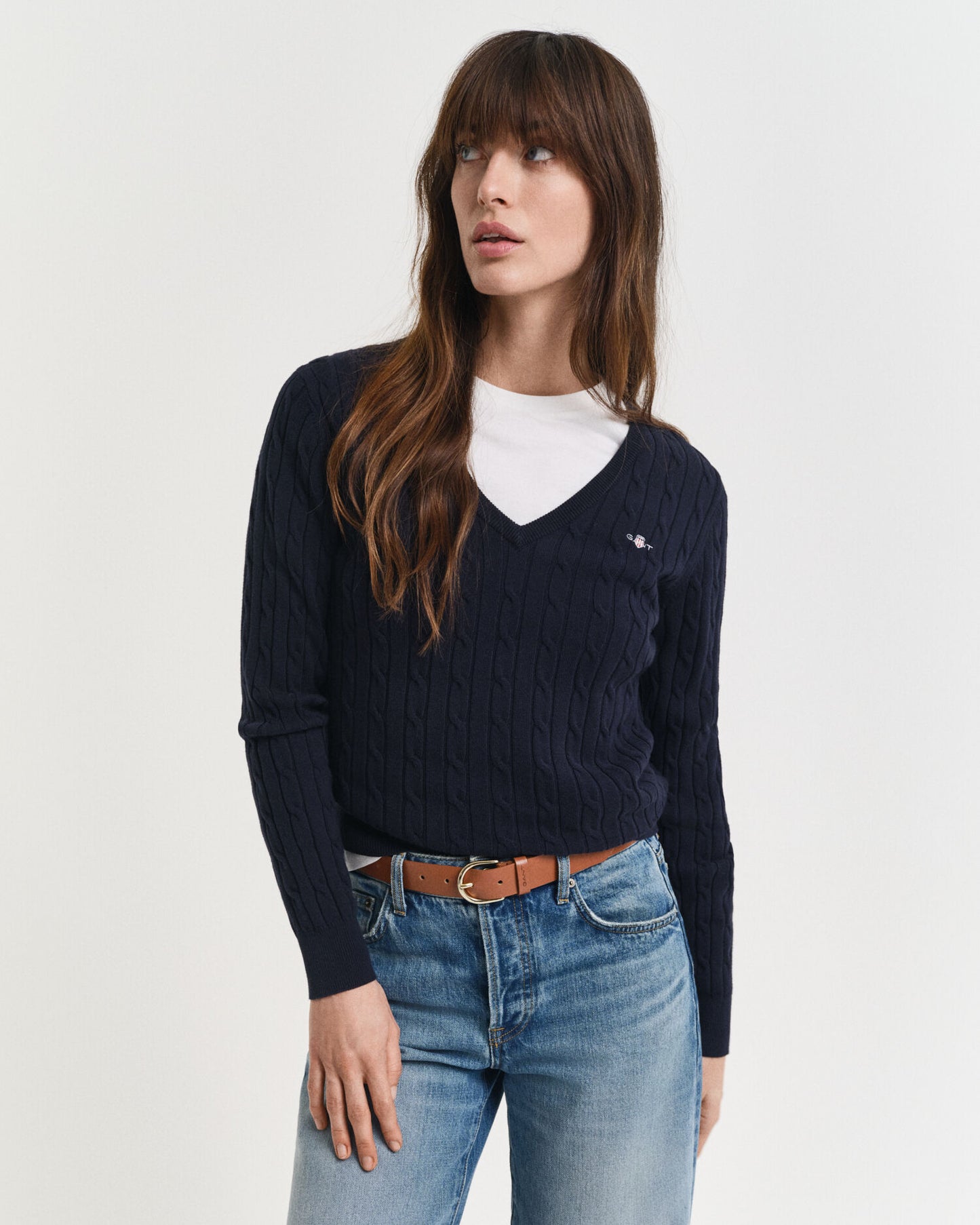 Pull col V en maille torsadée de coton stretch