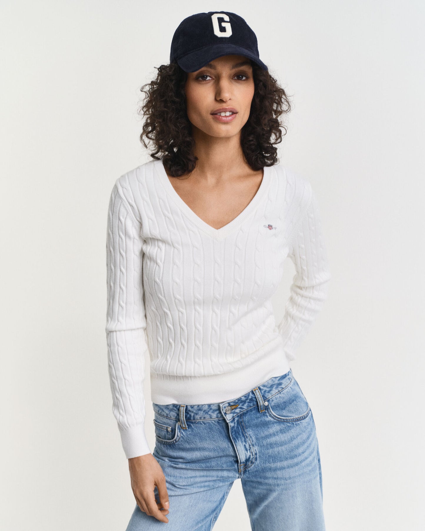 Pull col V en maille torsadée de coton stretch