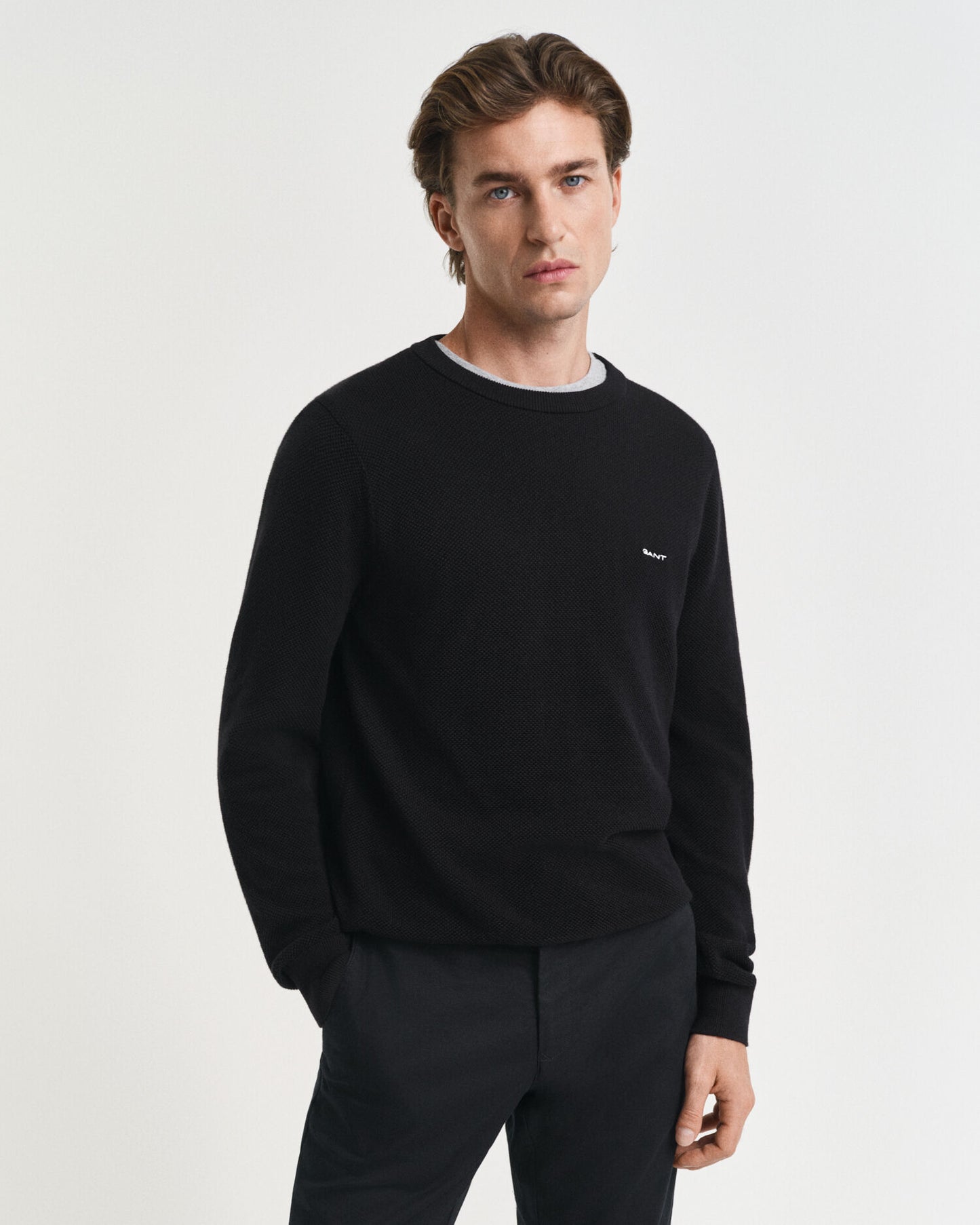 Pull en piqué de coton à col rond