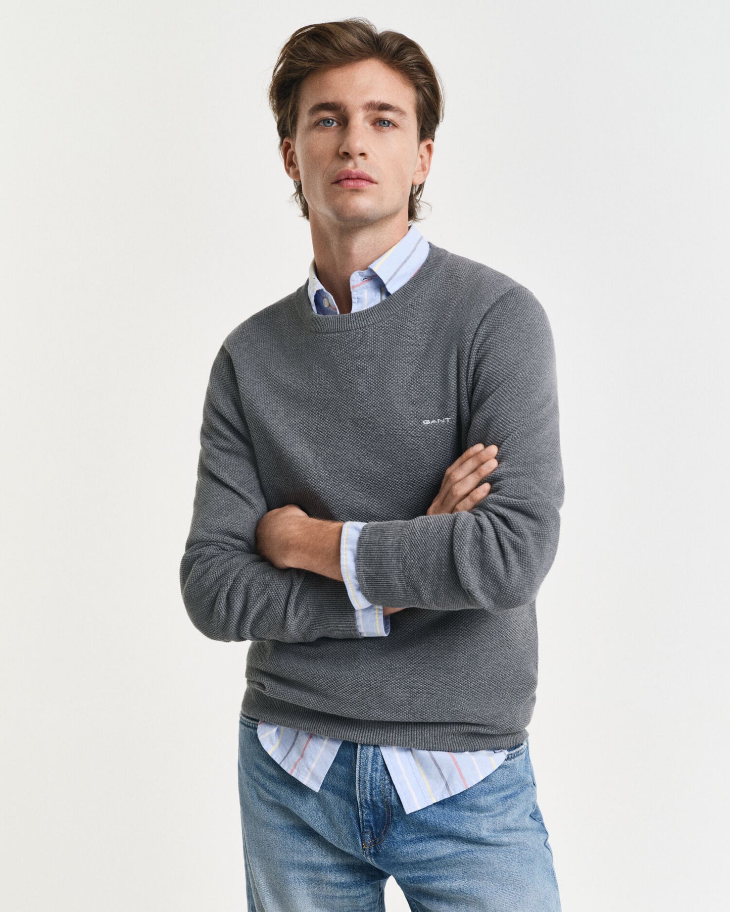 Baumwoll-Pikee-Pullover mit Rundhalsausschnitt