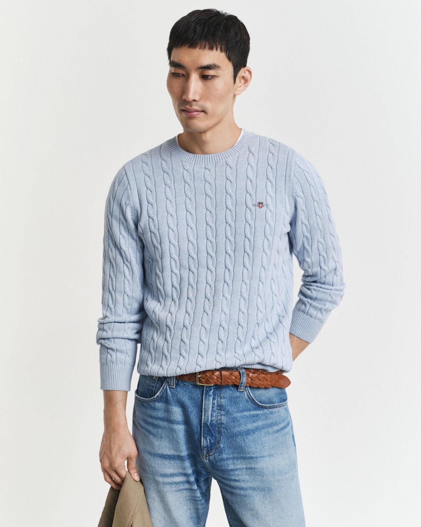 Baumwoll-Zopfstrickpullover mit Rundhalsausschnitt