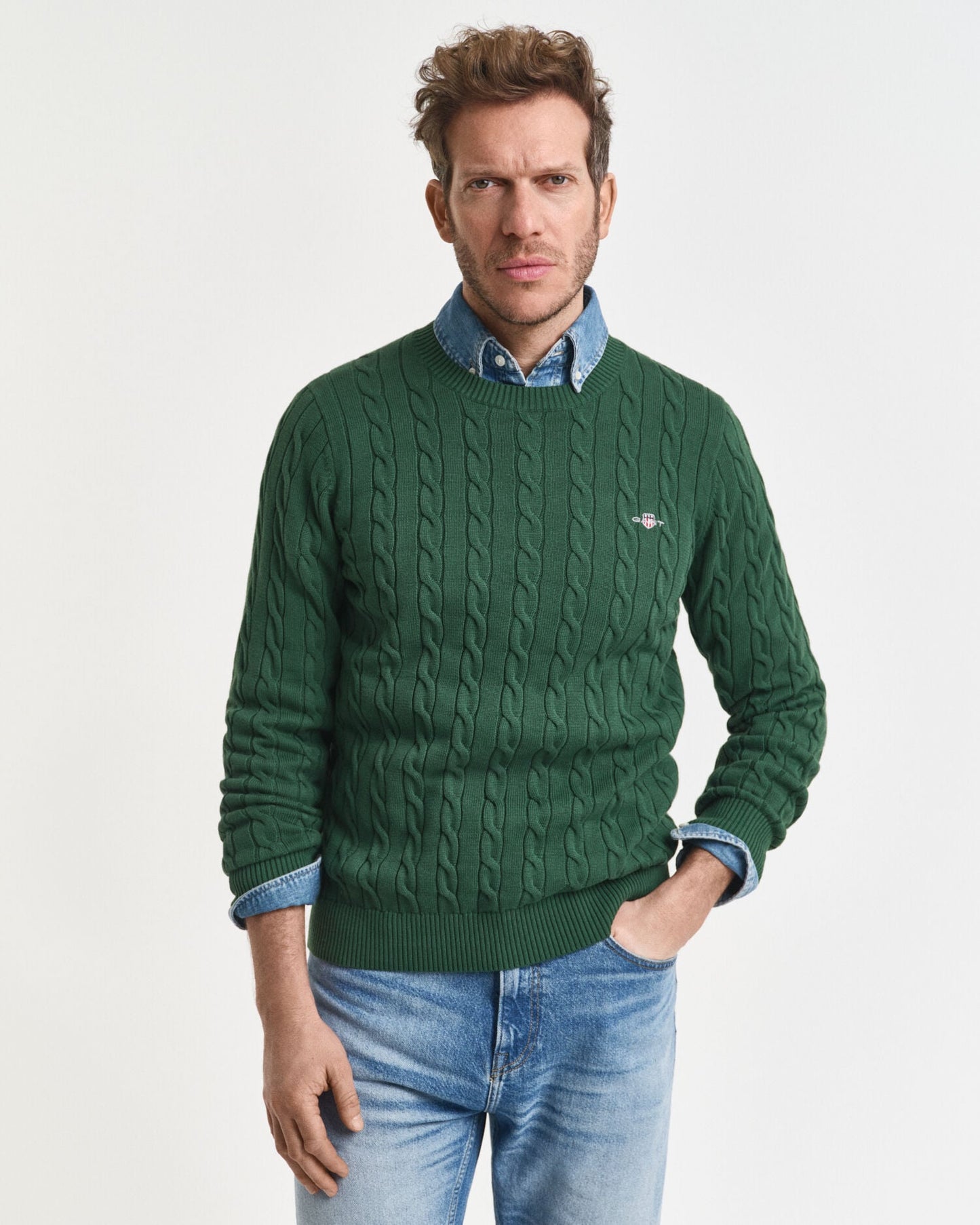 Baumwollpullover mit Zopfmuster und Rundhalsausschnitt