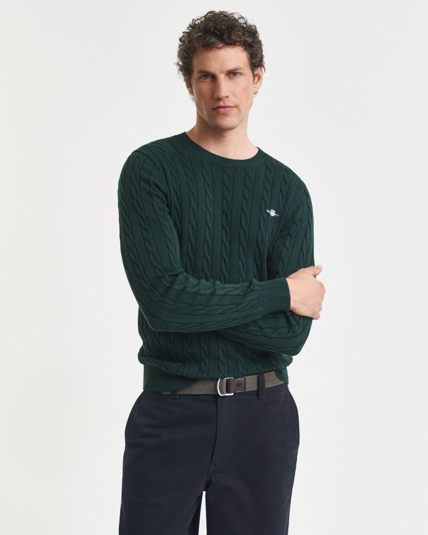Baumwollpullover mit Zopfmuster und Rundhalsausschnitt