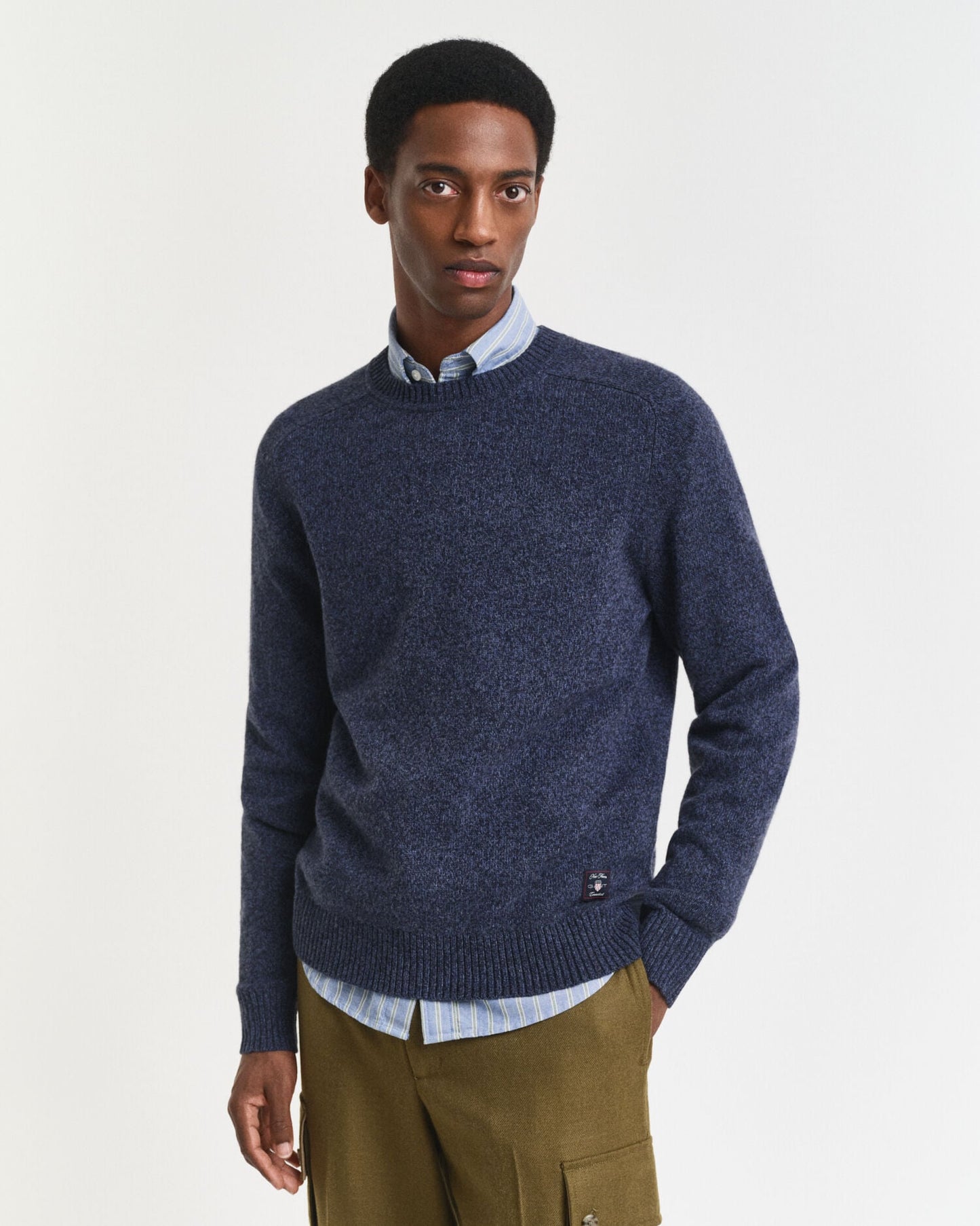 Wollmischgewebe Mouline-Pullover mit Rundhalsausschnitt